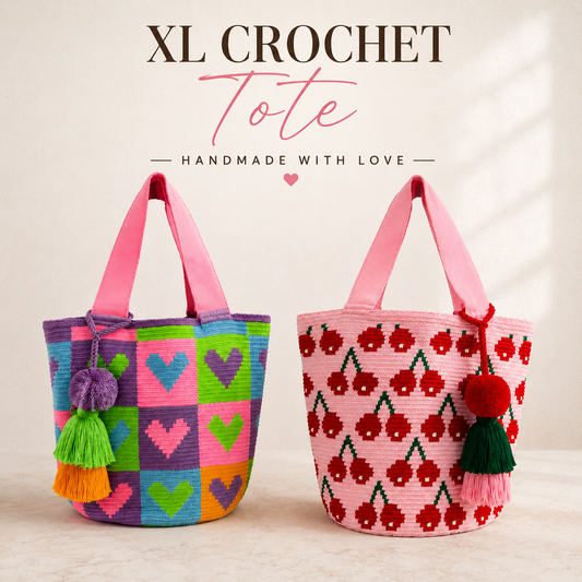 Wayuu XL Handwoven Cherry and strawberries Tote Bag Inner lining, sliding and ornament pompom