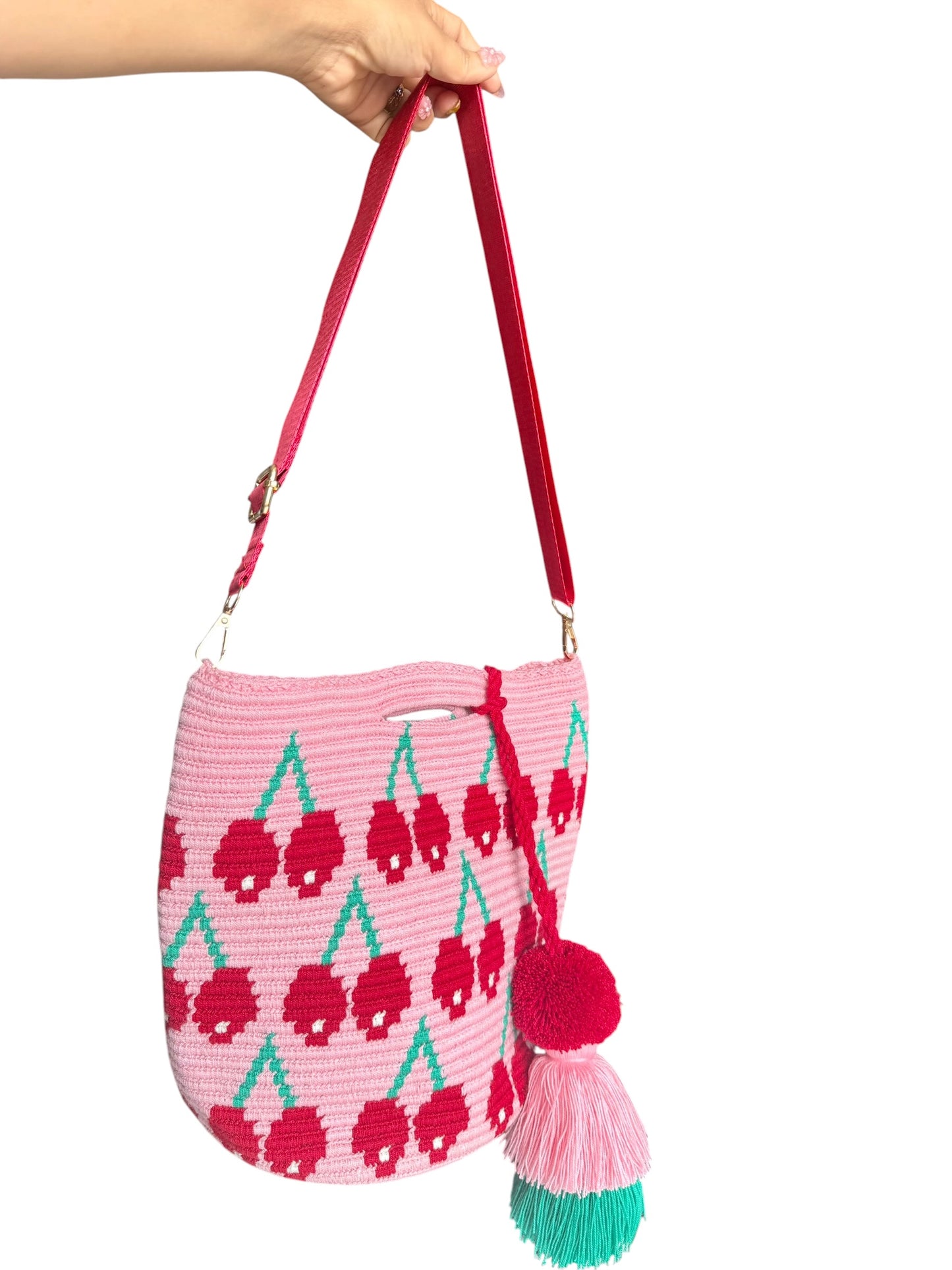 Cherry Crochet Clutch Bag Large Size 11 inch Handmade Statement Purse with Removable Strap