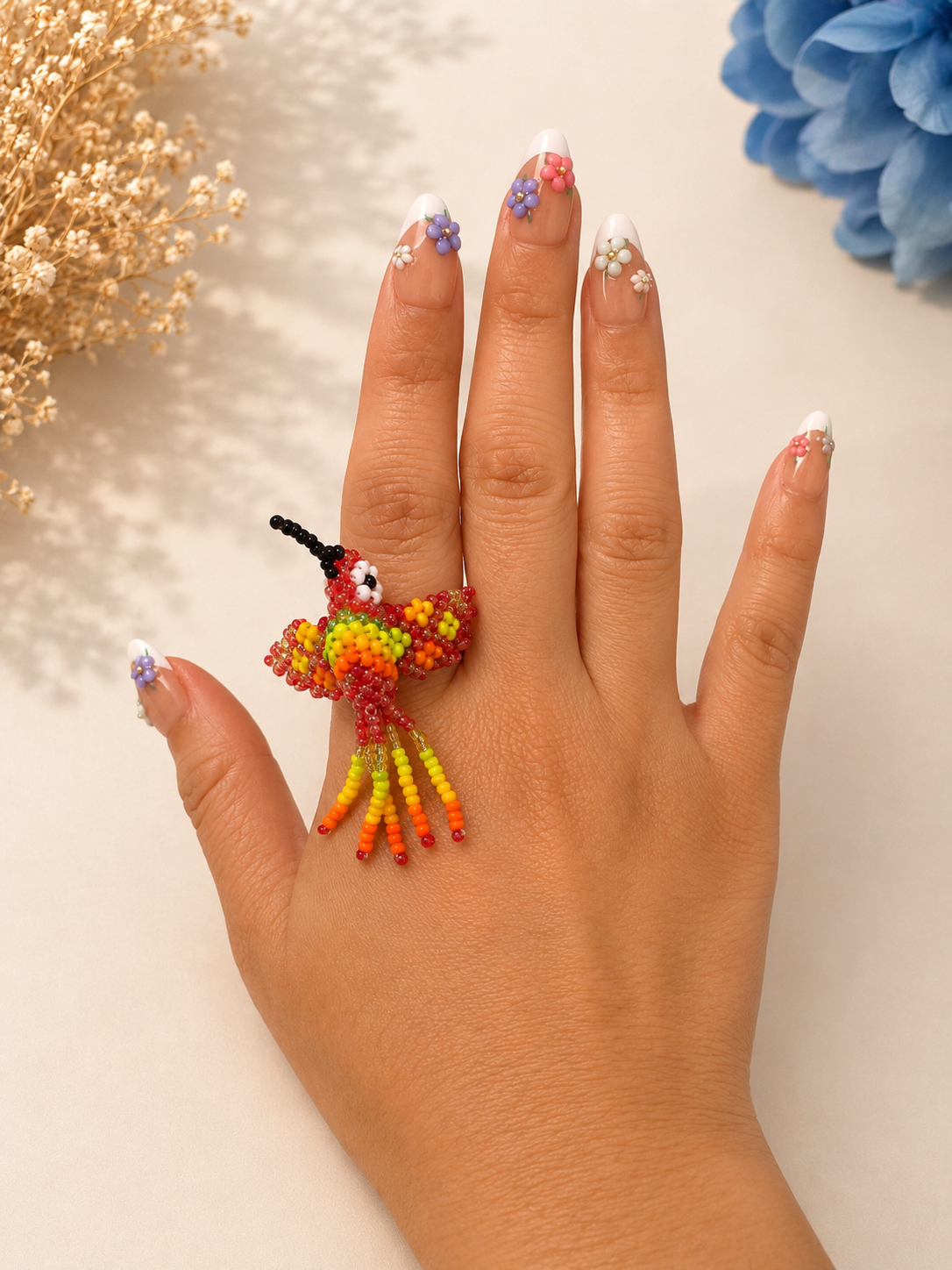 Handmade Beaded Sea Turtle and Butterfly Ring | Adjustable Statement Seed Bead Ring | Ocean Animal Jewelry Gift