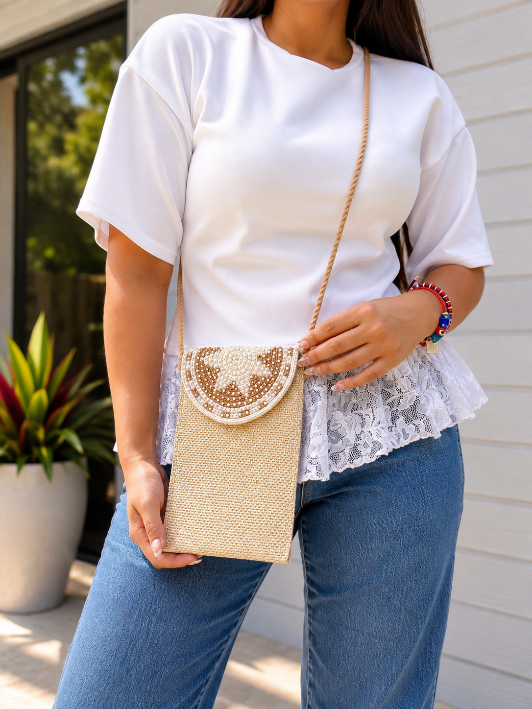 Handmade Phone Pouch decorated | Crossbody Cell Phone Holder with Inner Lining