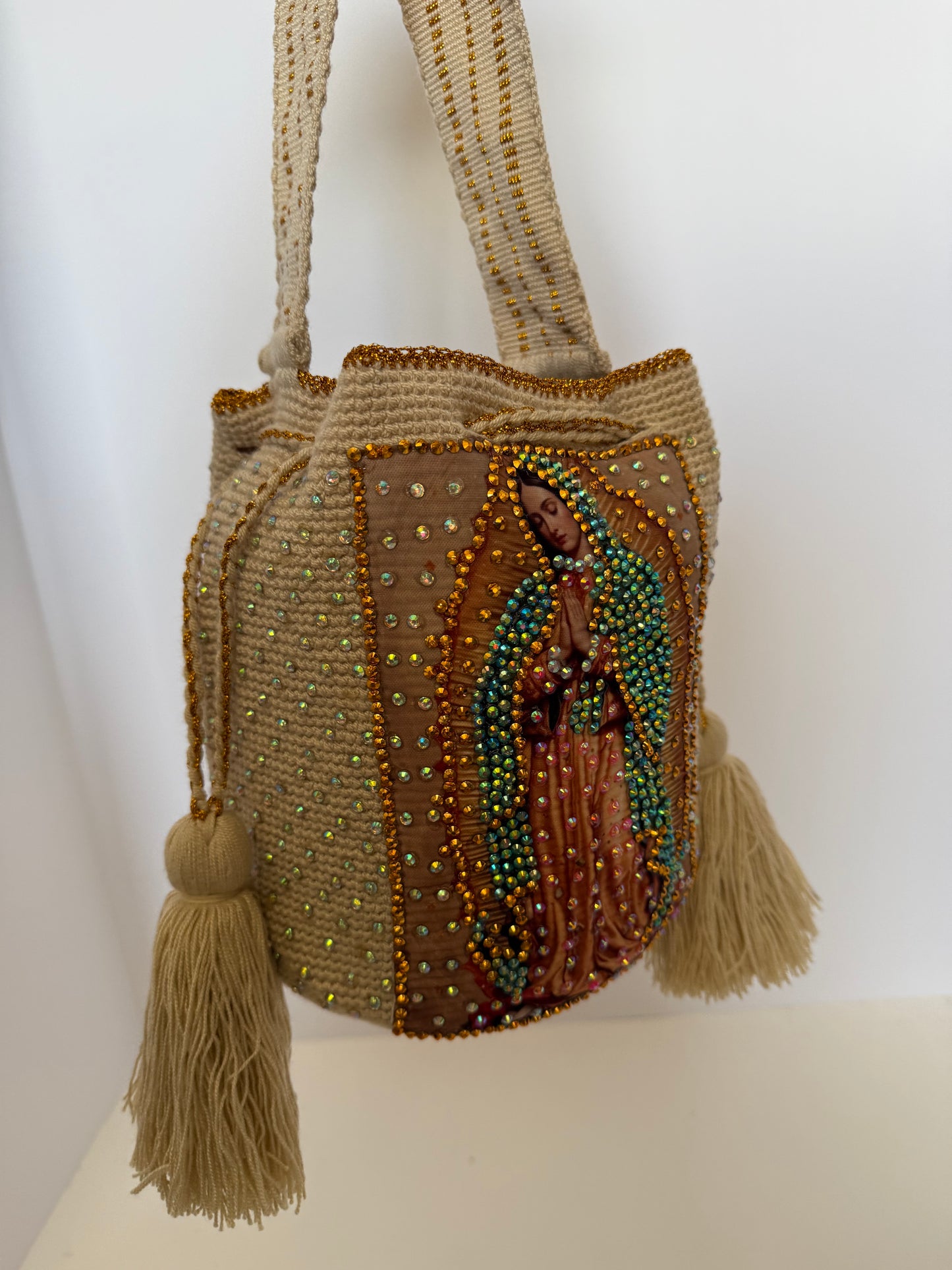 Crossbody Bucket Bag Wayuu Virgin of Guadalupe Decorated cream Details Handmade