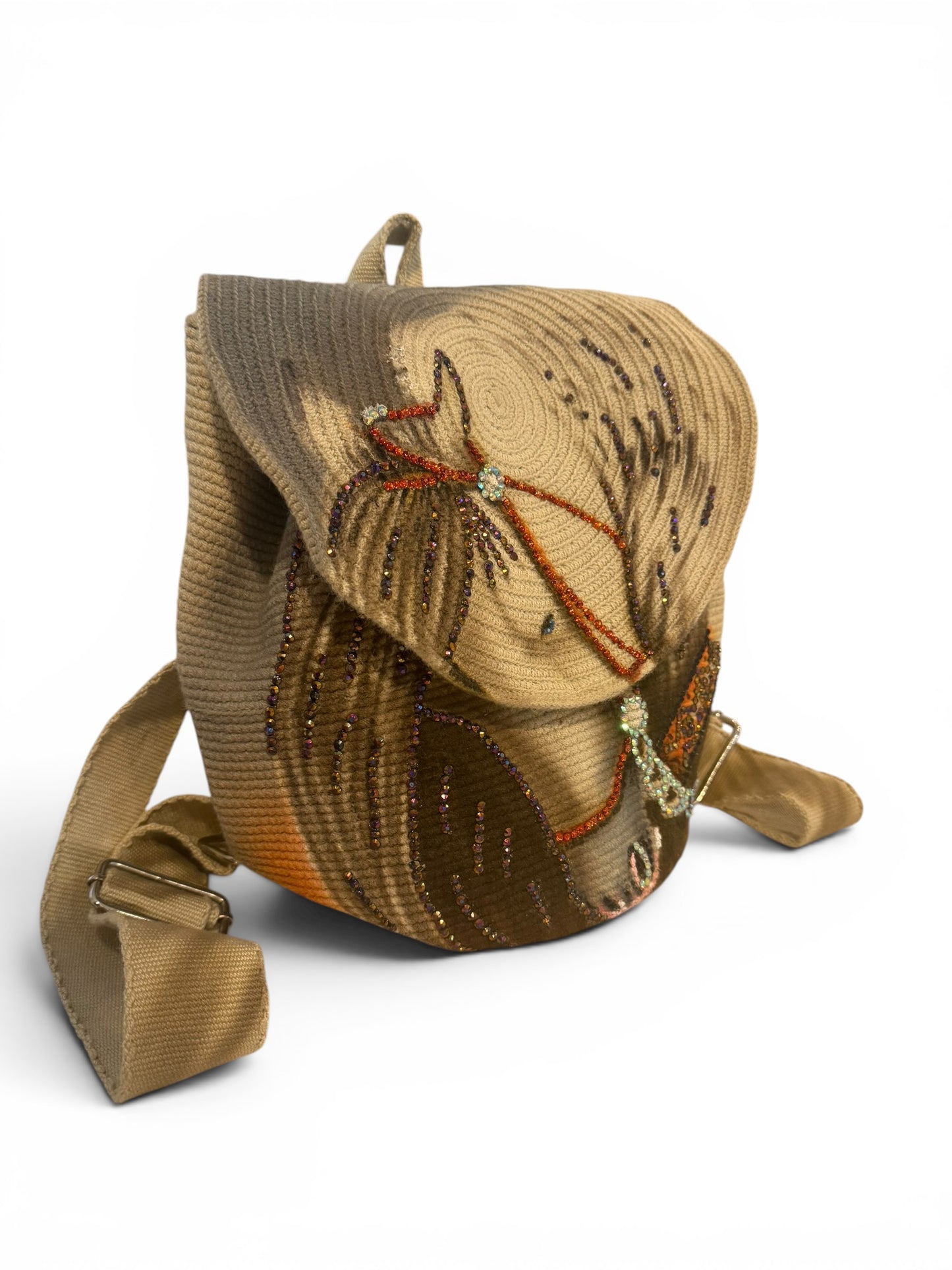 Luxury Horse Hand Painted Backpack with Crystal Stones | Handmade Crochet Flap Adjustable Backpack