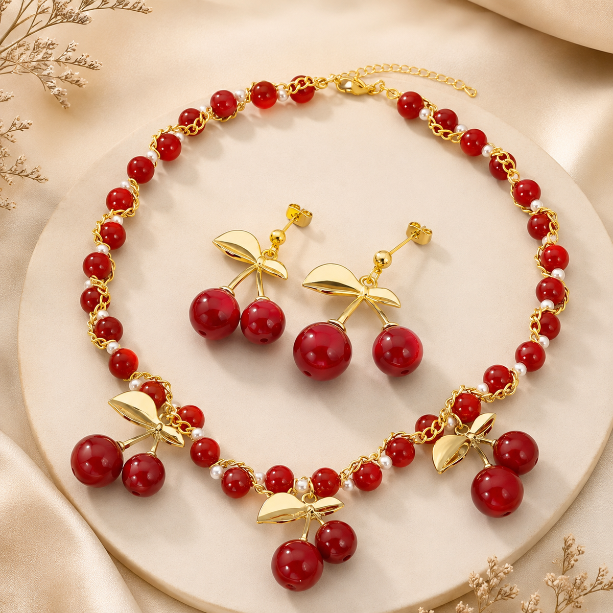 Set neckclace + earrings cherries, striking necklace, golden stainless steel chain, plated fashion jewelry