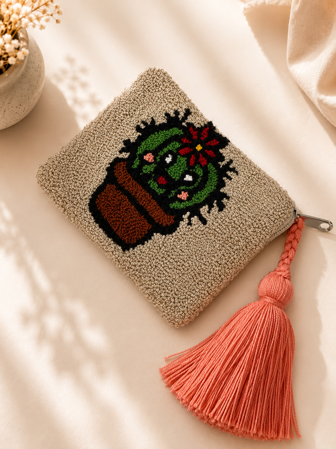 Handmade Tufted Mini Clutch Wallet 6” x 4” | Embroidered Zipper Coin Purse with Tassel