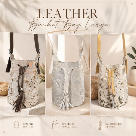 Artisan Bucket Bag in Genuine Cowhide Italian Folia Leather with Hair Double Strap Leather + Wayuu Woven Handmade