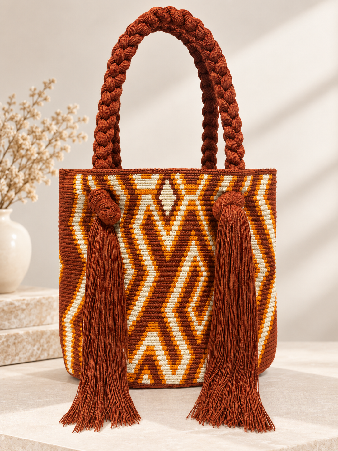 Wayuu Rapunzel Large Tote Bag Handmade Artisan  with Braided Strap 12” Height Statement Bag
