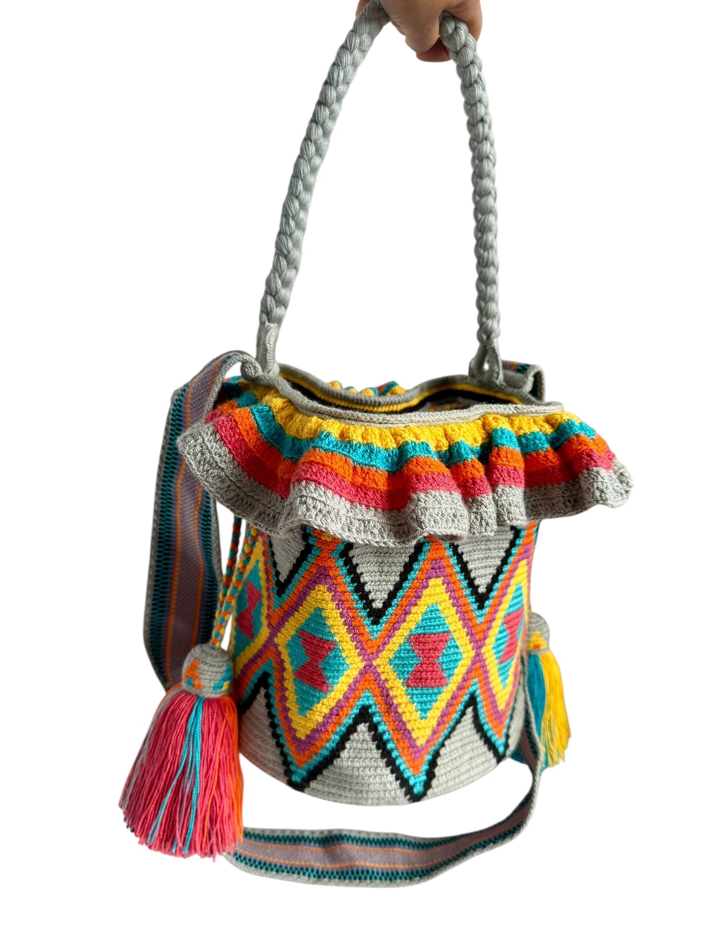 Large Wayuu Double-Use Handmade Bag | Braided Short Strap & Crochet Long Strap | Special Woven Skirt Design