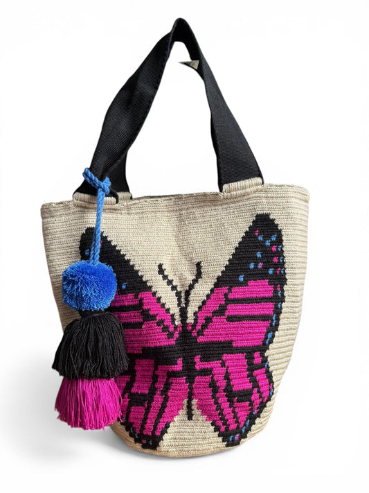 Wayuu XL Butterfly Handwoven Tote Bag Inner lining, sliding and ornament (pompom)