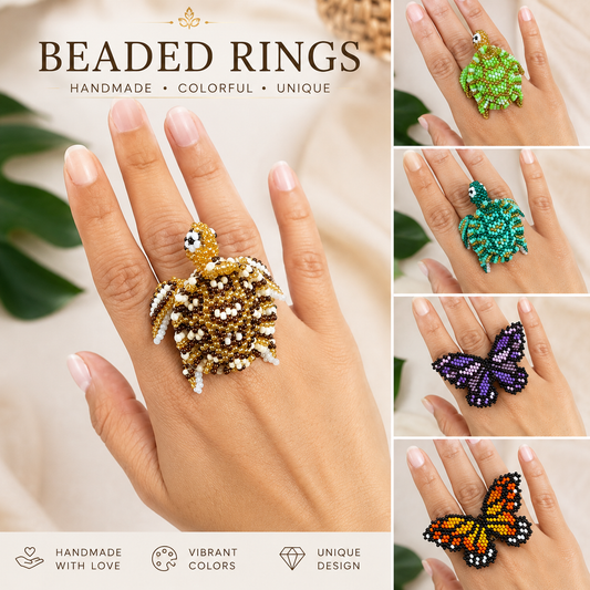 Handmade Beaded Sea Turtle and Butterfly Ring | Adjustable Statement Seed Bead Ring | Ocean Animal Jewelry Gift