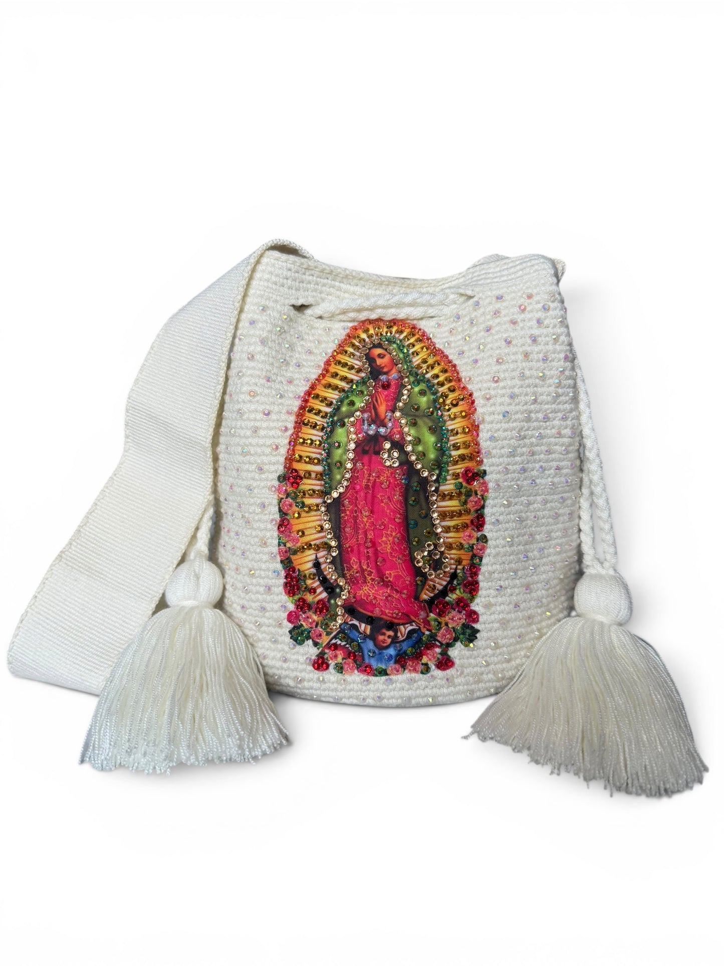 Crossbody Bucket Bag Wayuu Virgin of Guadalupe Decorated cream Details Handmade medium
