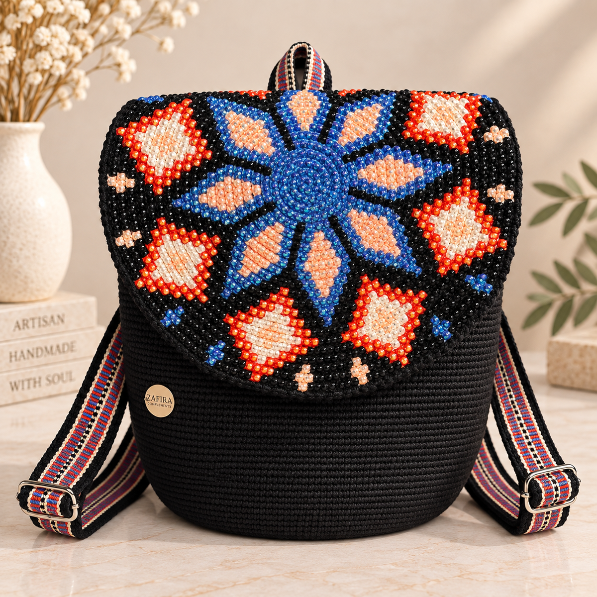 Luxury Backpack with Crystal Stones | Handmade Crochet Flap Adjustable Backpack