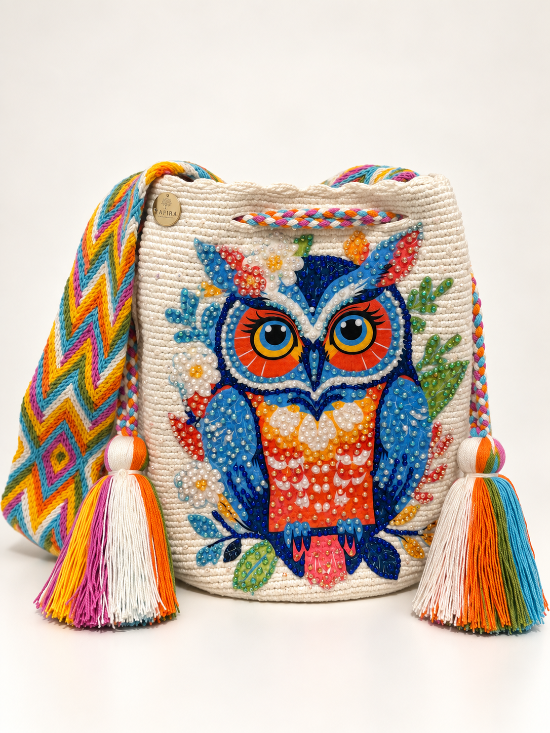 Large Handmade Crochet Owl Bag Colorful Wayuu Crossbody Bucket Bag Owl Collection | Zafira Complements