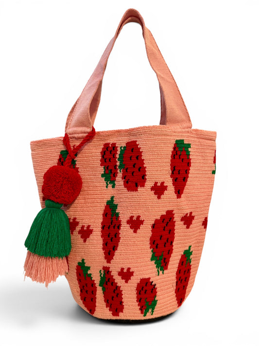 Wayuu XL Handwoven Cherry and strawberries Tote Bag Inner lining, sliding and ornament pompom