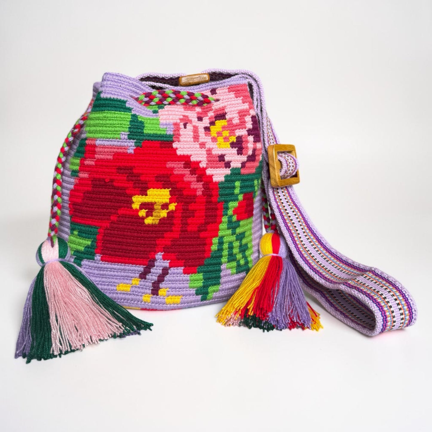 Luxury Handmade Floral Wayuu Bag with Adjustable Wooden Strap | Exclusive Artisan Design 9x9”