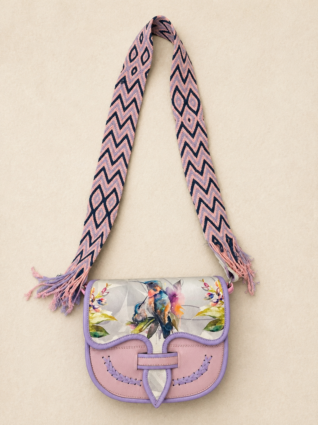 Hand Painted Genuine Leather Carriel Bag with Hummingbird | Adjustable Wayuu Crochet Strap