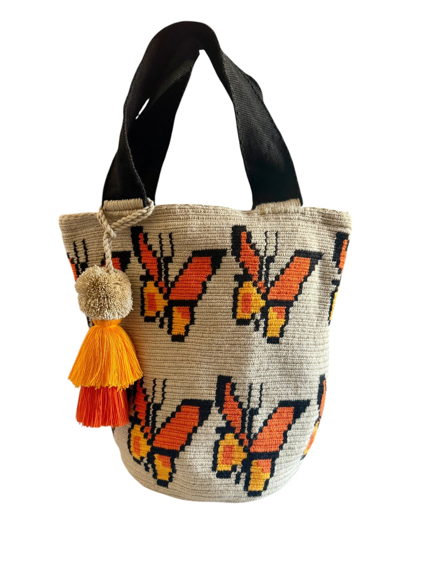 Wayuu XL Butterfly Handwoven Tote Bag Inner lining, sliding and ornament (pompom)