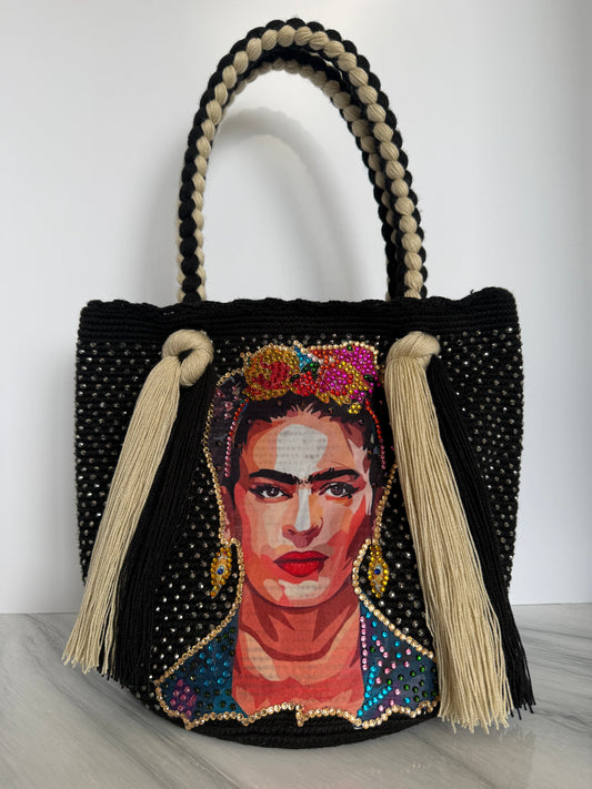 Wayuu Frida Rapunzel Large Tote Bag Handmade Artisan  with Braided Strap 12” Height Statement Bag