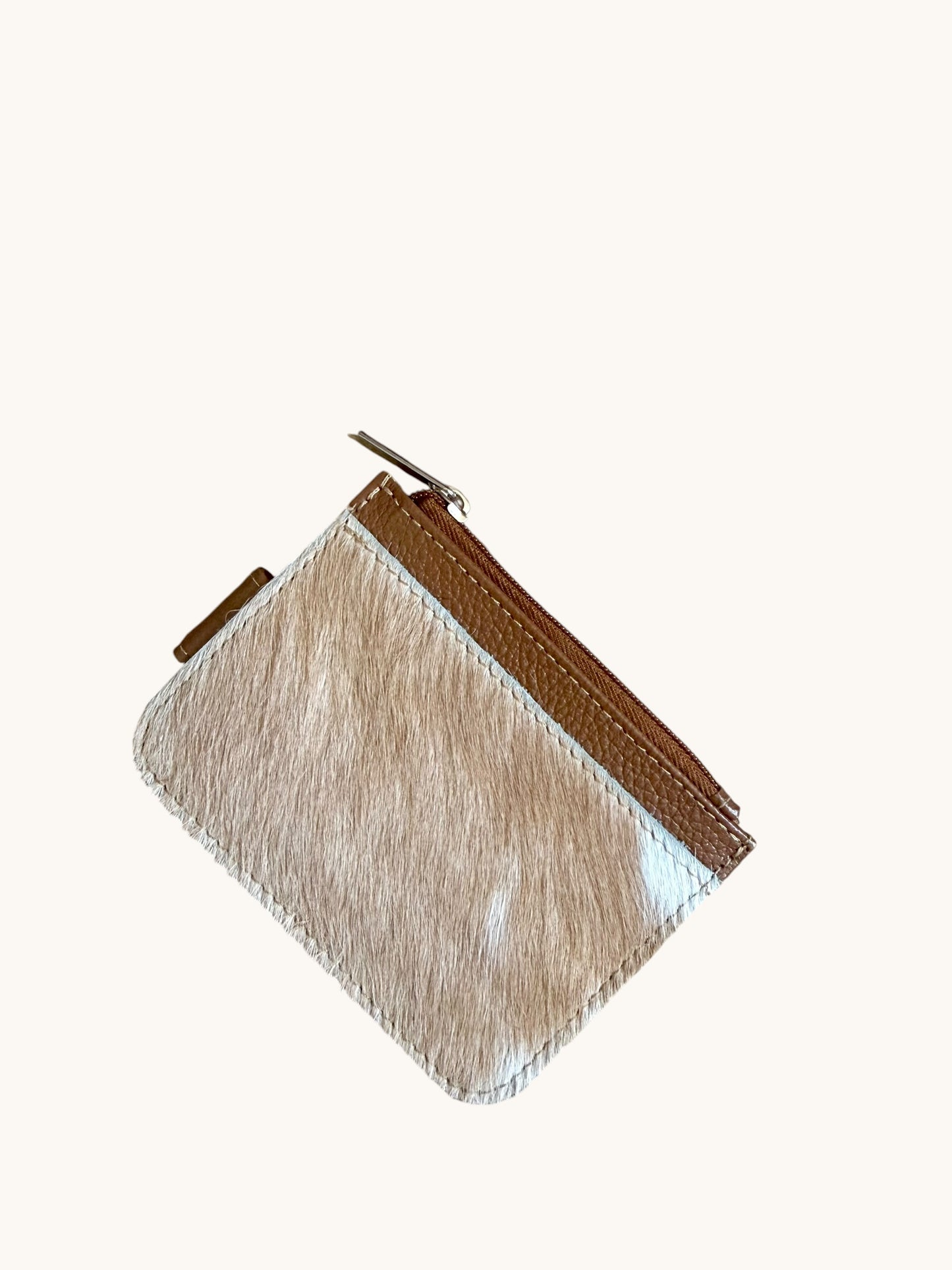Genuine Cowhide Leather Card Holder Wallet with Zipper Hair-On Multiple Card Slots 4.5” x 3.5”