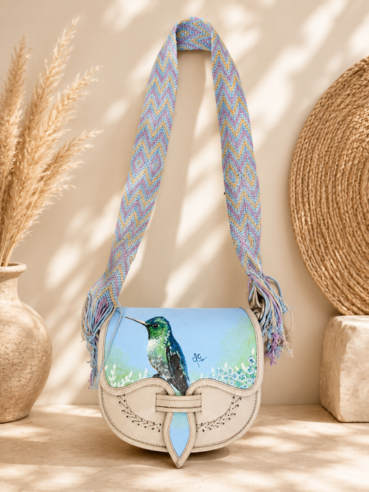 Hand Painted Genuine Leather Carriel Bag with Hummingbird | Adjustable Wayuu Crochet Strap
