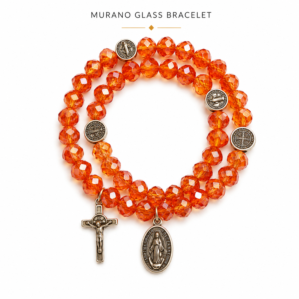 Murano Glass Catholic Bracelet – Lavender Crystal Beads, Cross , virgin of Guadalupe Medal