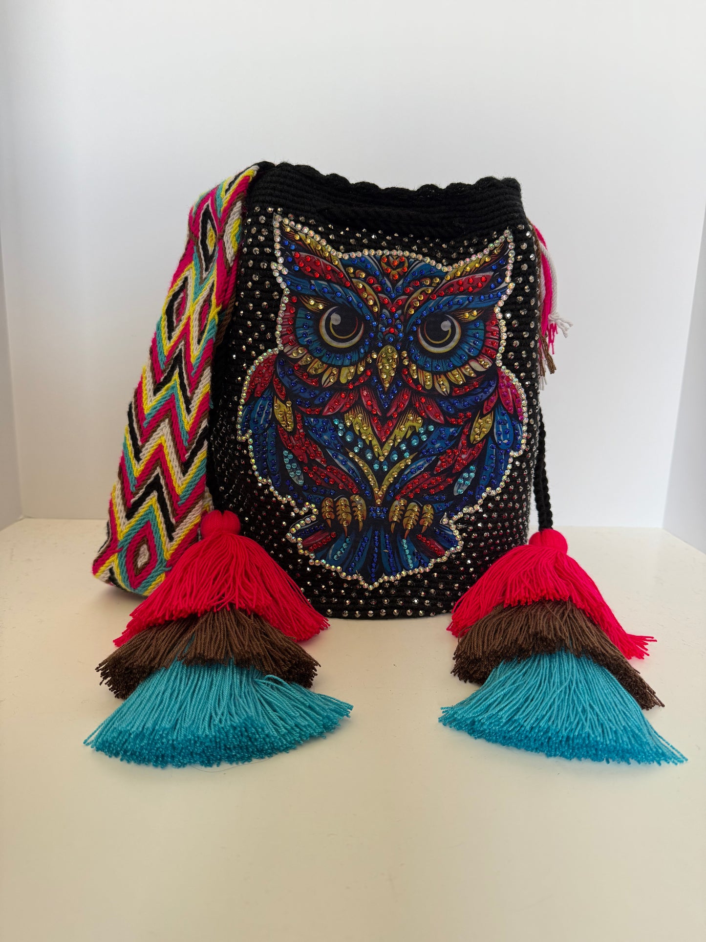 Wayuu Bag L Owl Decorated Blue Unique Handmade Artisan Bag