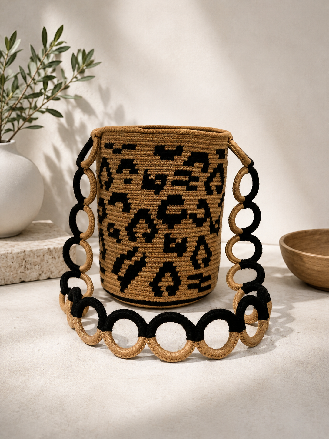 Animal Print Woven Bucket Bag – Medium 9” Shoulder Bag