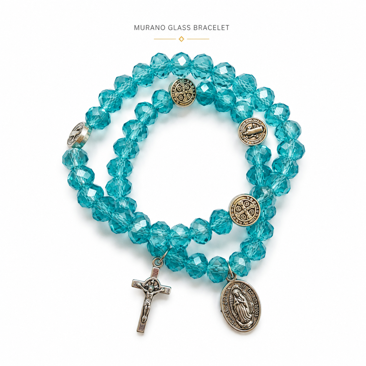 Murano Glass Catholic Bracelet – Lavender Crystal Beads, Cross , virgin of Guadalupe Medal