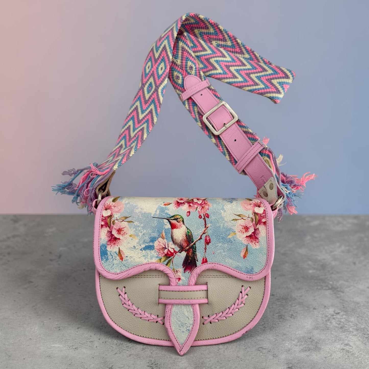 Hand Painted Genuine Leather Carriel Bag with Hummingbird | Adjustable Wayuu Crochet Strap