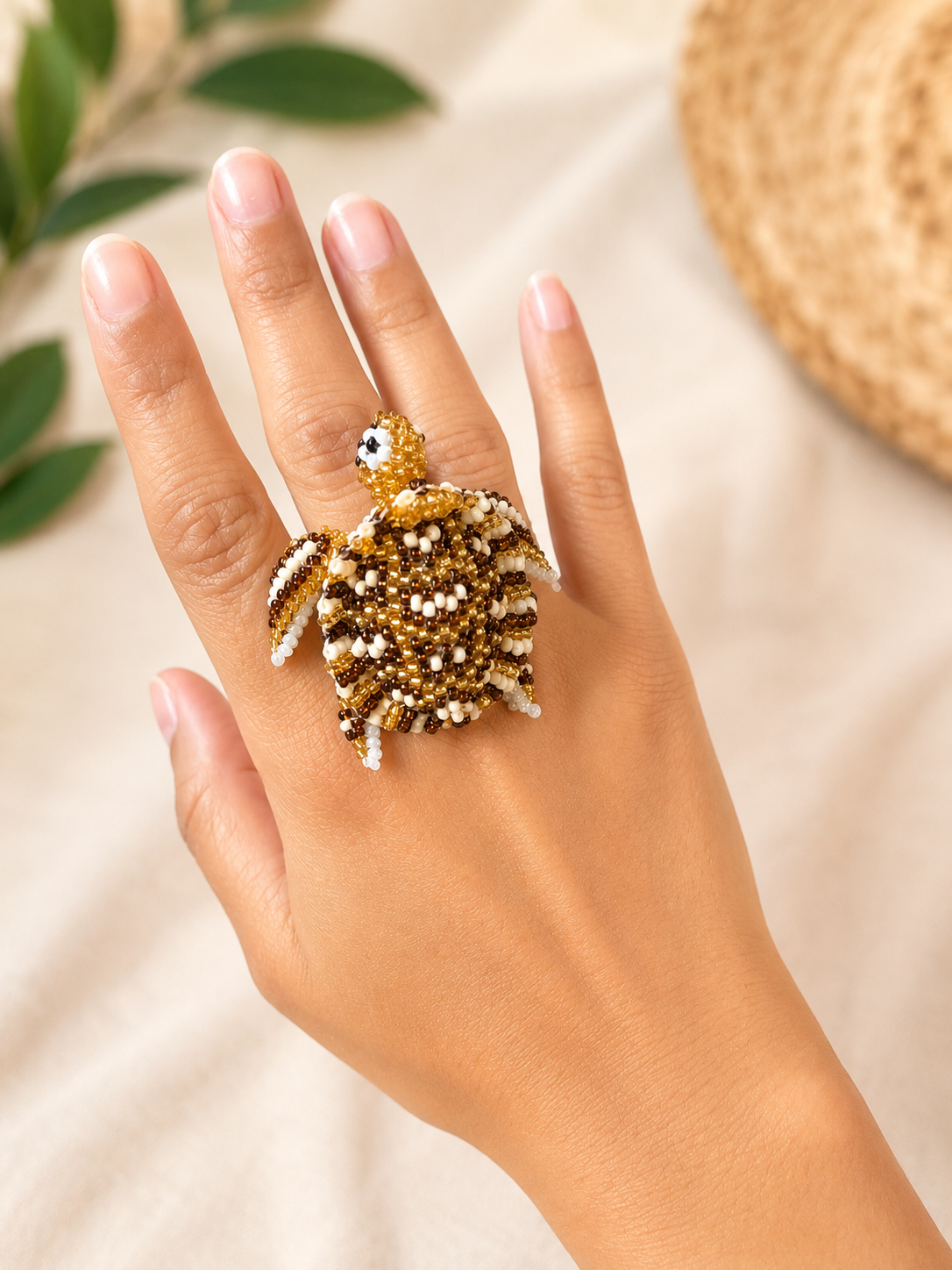 Handmade Beaded Sea Turtle and Butterfly Ring | Adjustable Statement Seed Bead Ring | Ocean Animal Jewelry Gift