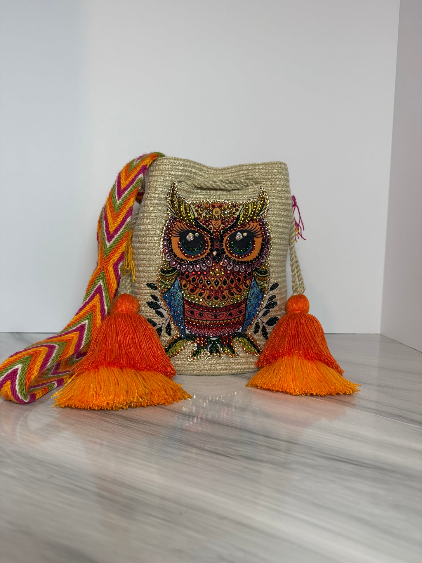 Wayuu Bag M Owl Decorated Blue Unique Handmade Artisan Bag