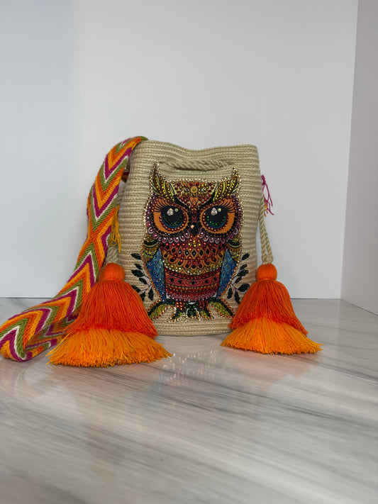 Wayuu Bag M Owl Decorated Blue Unique Handmade Artisan Bag