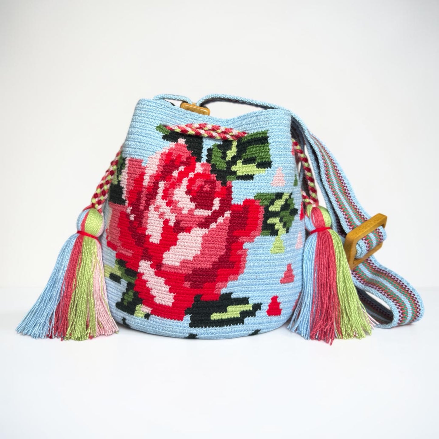 Luxury Handmade Floral Wayuu Bag with Adjustable Wooden Strap | Exclusive Artisan Design 9x9”
