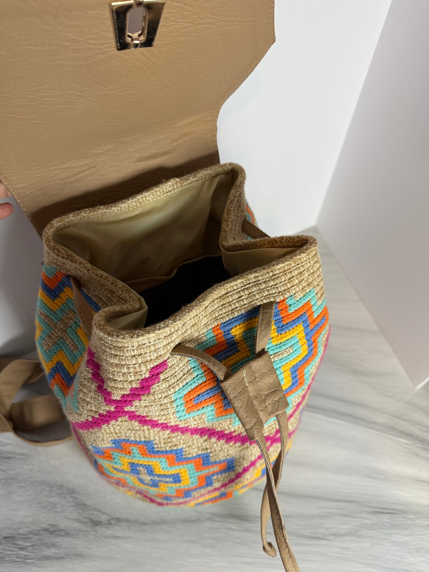 Wayuu Backpack Special Design in Leathertex — Handmade with diferents Pattern
