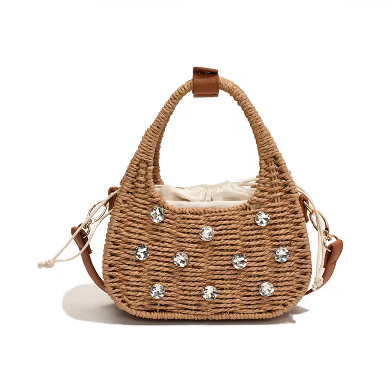 Summer Beach Women Handbag Handmade Shopping Straw Shoulder Bag Rattan Straw Basket Bag with Diamond