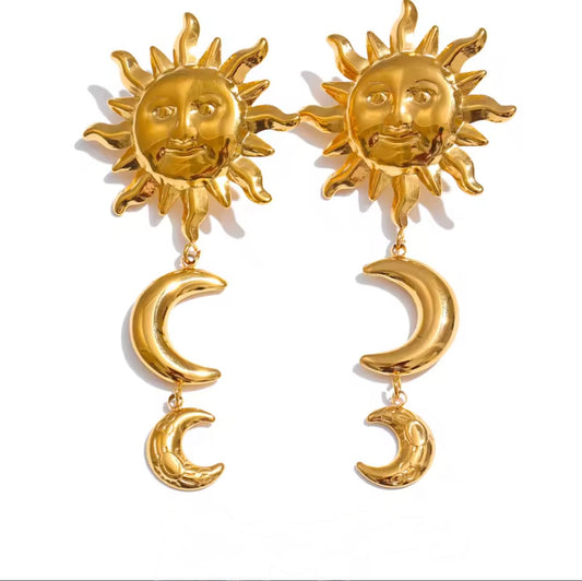 Stainless steel sun and moon pendant earrings, popular style, for all occasions, 18 carat gold, trendy daily jewelry, new