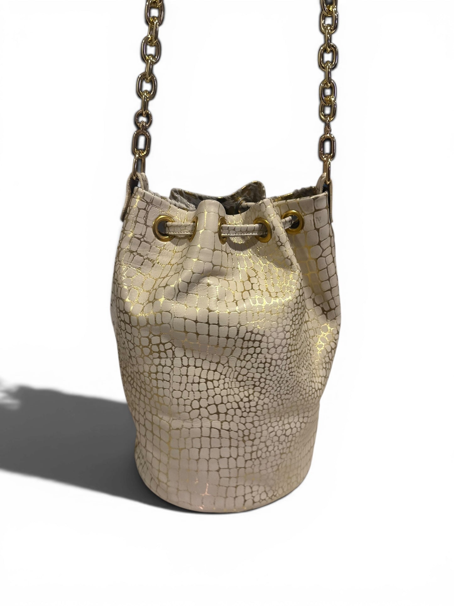 Luxury Bucket Bag in Italian Foil and Genuine Leather Chain & Leather Strap, Lined Interior with Pockets