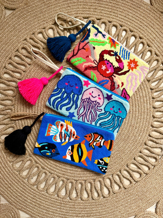 Handmade Marine Clutch – Crab, Jellyfish & Tropical Fish Embroidered Bag with Tassel