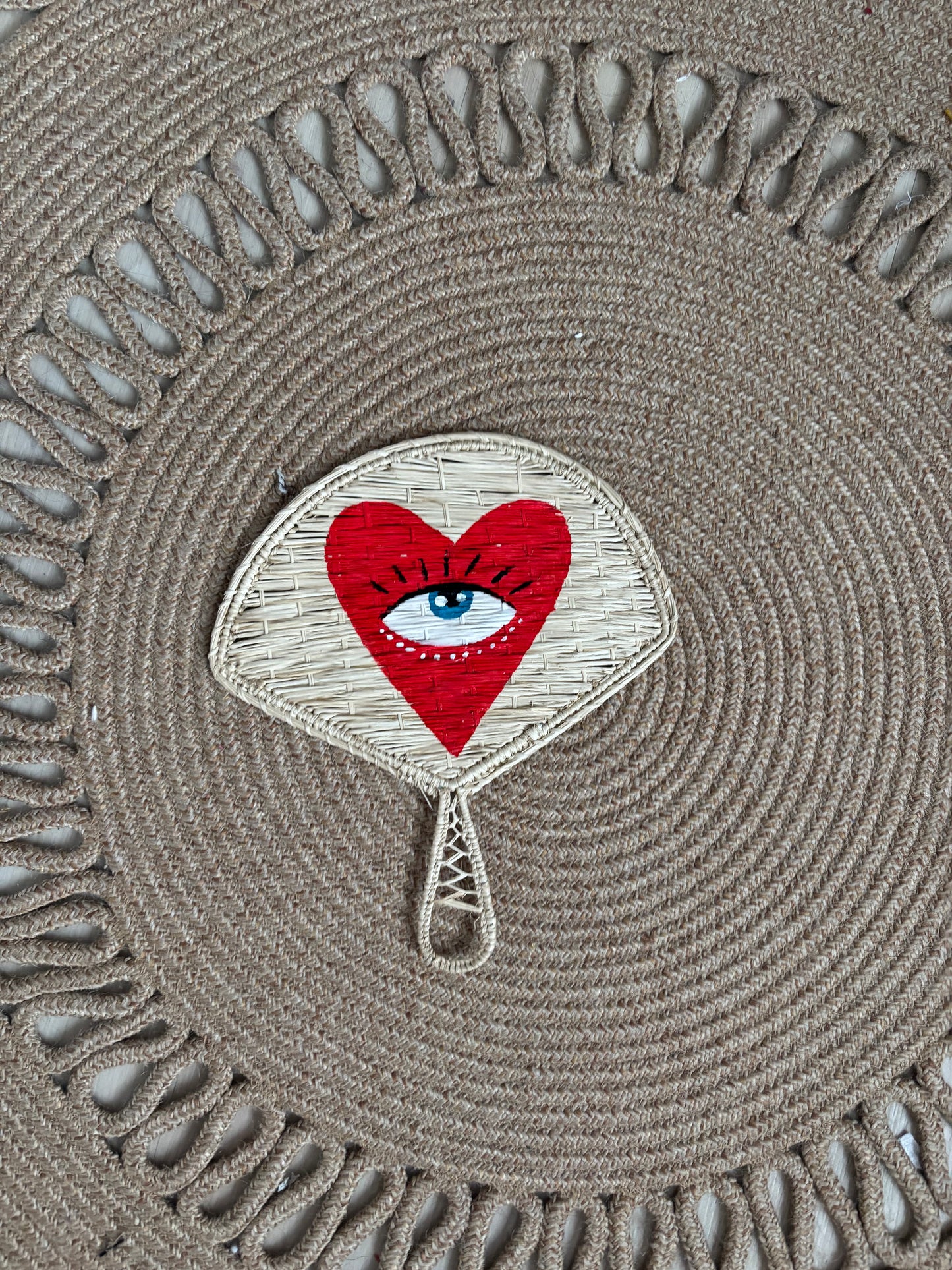 Hand-Painted Iraca Palm Fans with Beaded Wrist Strap – Unique Evil Eye & Heart Designs