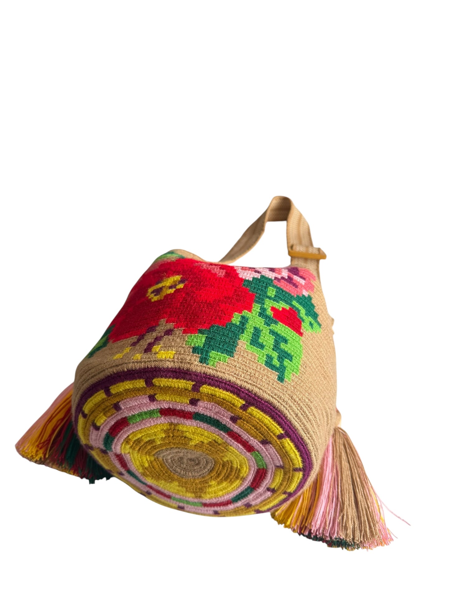 Luxury Handmade Floral Wayuu Bag with Adjustable Wooden Strap | Exclusive Artisan Design 9x9”