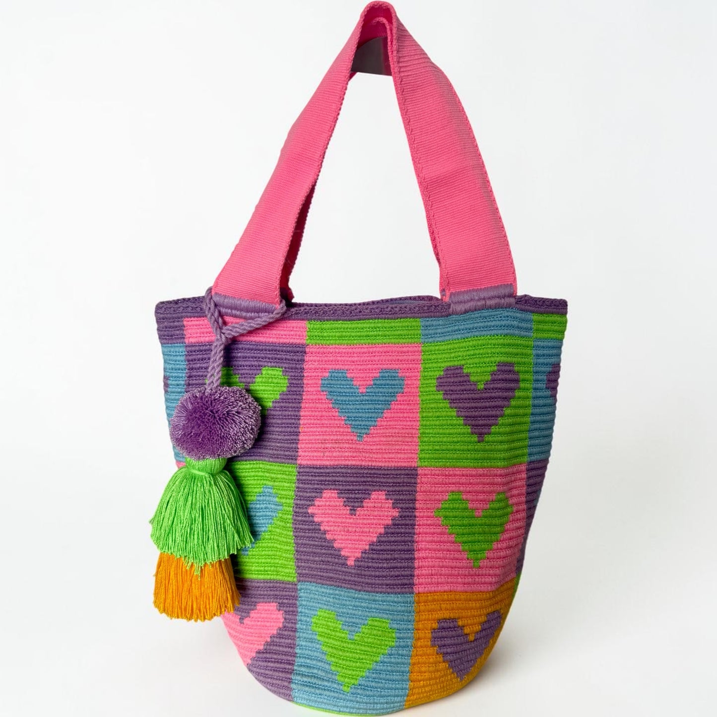 Wayuu XL Handwoven Cherry and strawberries Tote Bag Inner lining, sliding and ornament pompom