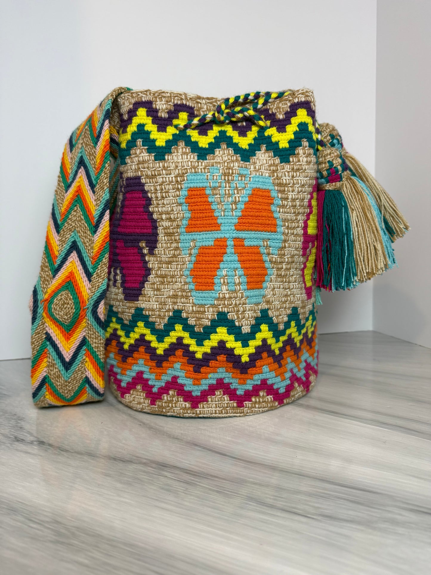 Wayuu Bag L Butterflies beige special design Unique Handmade Artisan Bag