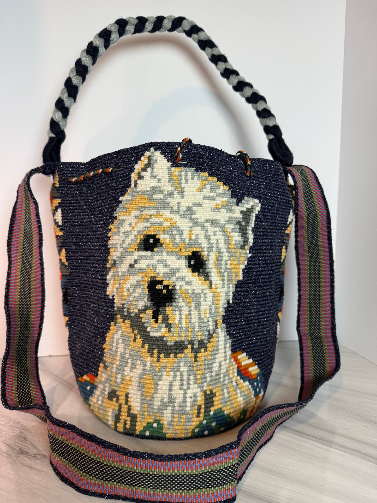 One string Handmade Wayuu special Bag L crossbody strap short and large & braided handle