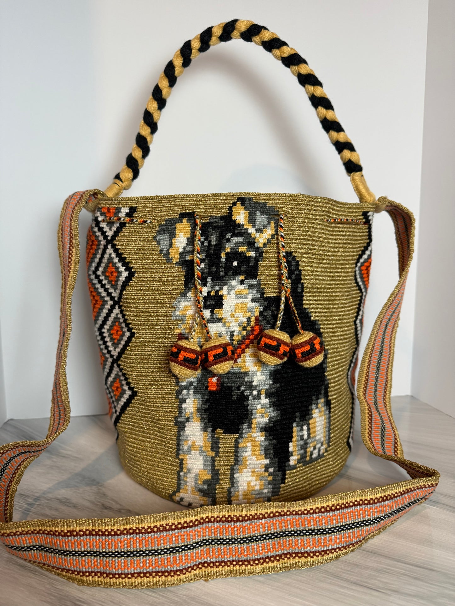 One string Handmade Wayuu special Bag L crossbody strap short and large & braided handle