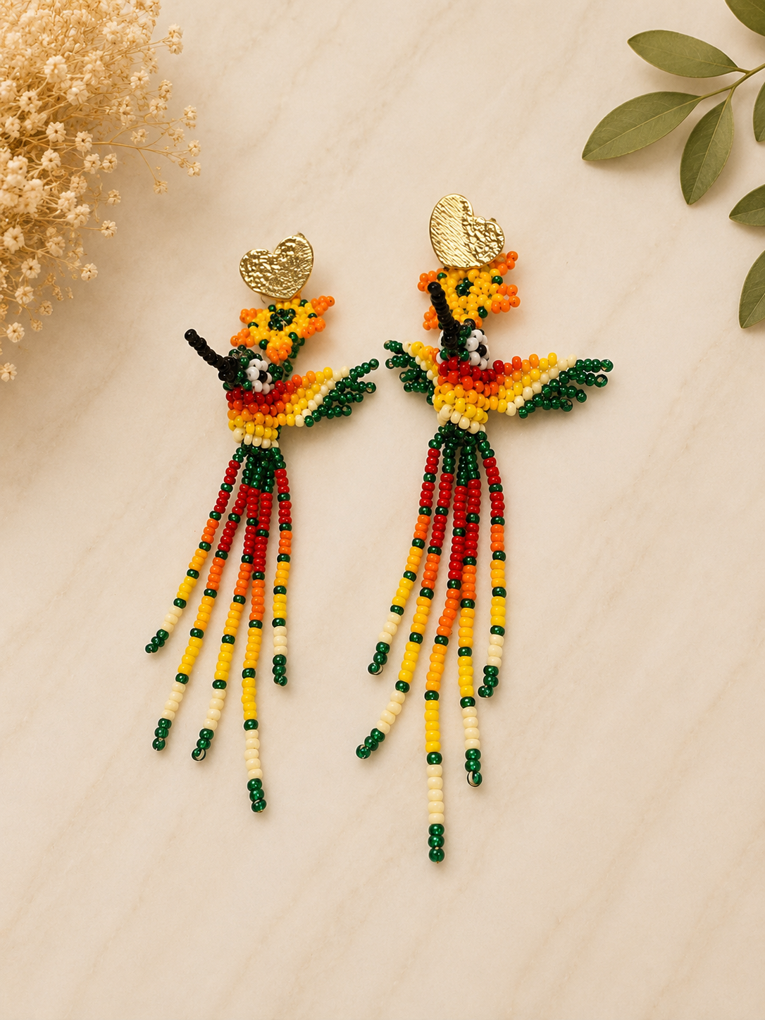 Handmade Hummingbird Beaded Earrings Colorful Artisan Statement Earrings for Women