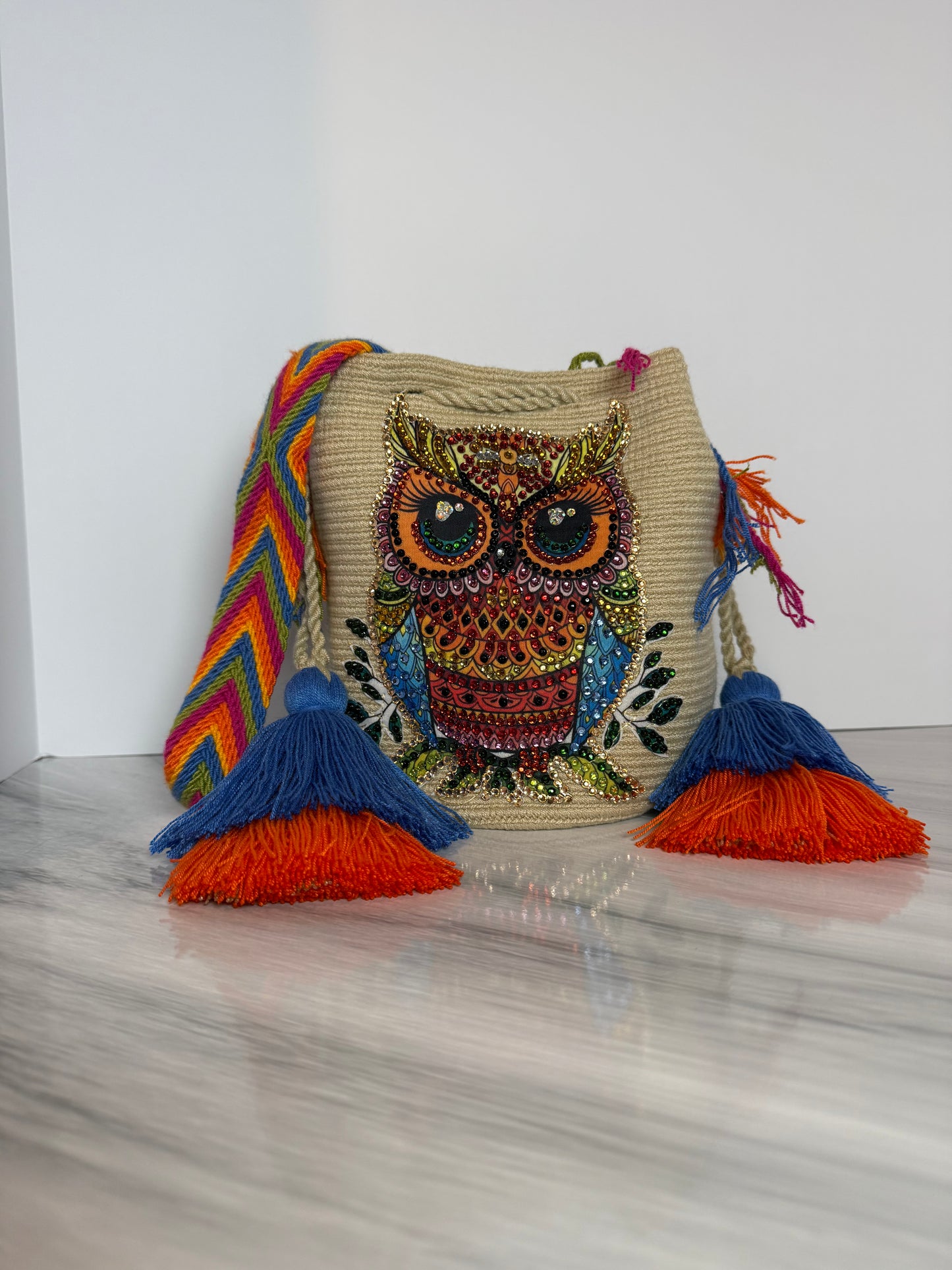 Wayuu Bag M Owl Decorated Blue Unique Handmade Artisan Bag