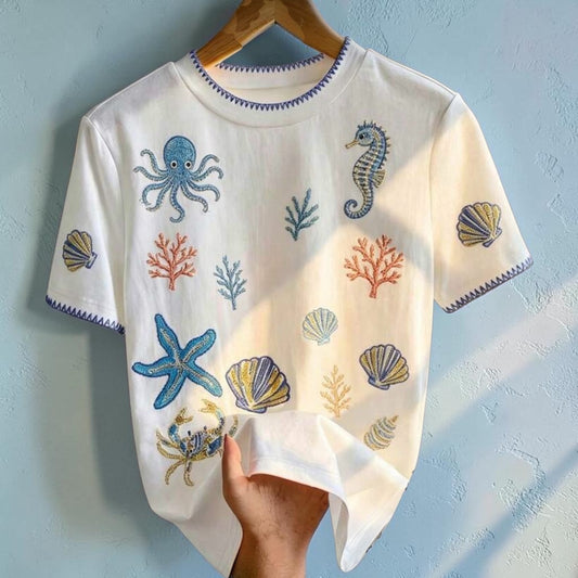 Marine Embroidered T-Shirt | Ocean Inspired Shirt for Women | Seashell & Coral Art Design