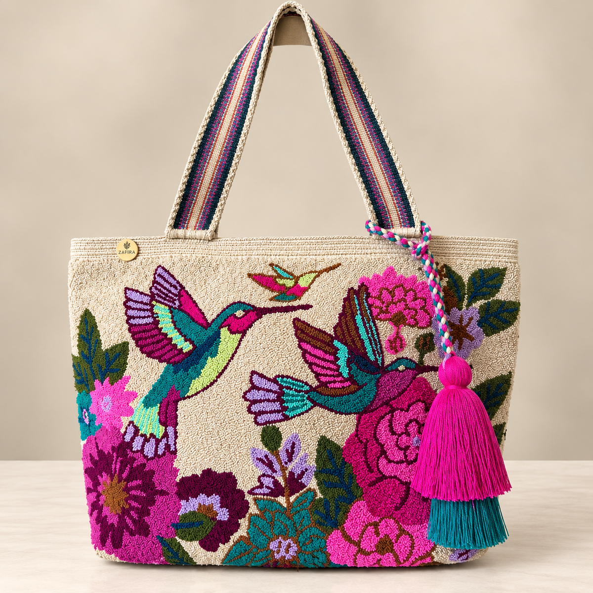Tote mochilon Large 16”x11” Handmade upholstered Shoulder Bag with Woven Strap, Inner Lining and Artisan Tassels