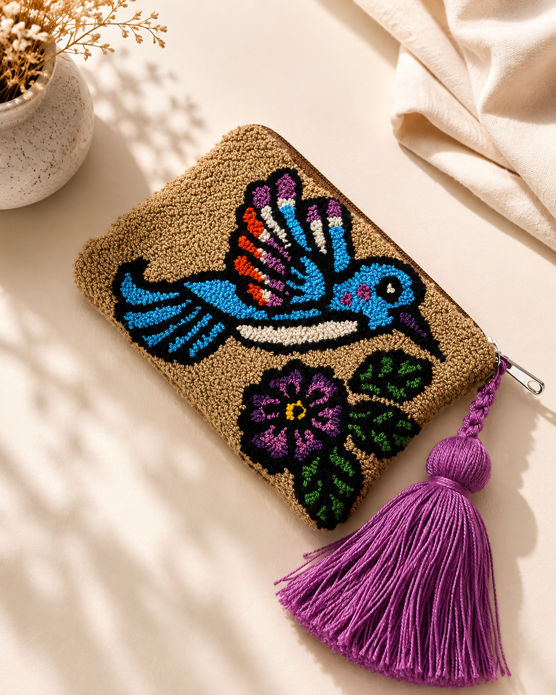 Handmade Tufted Mini Clutch Wallet 6” x 4” | Embroidered Zipper Coin Purse with Tassel