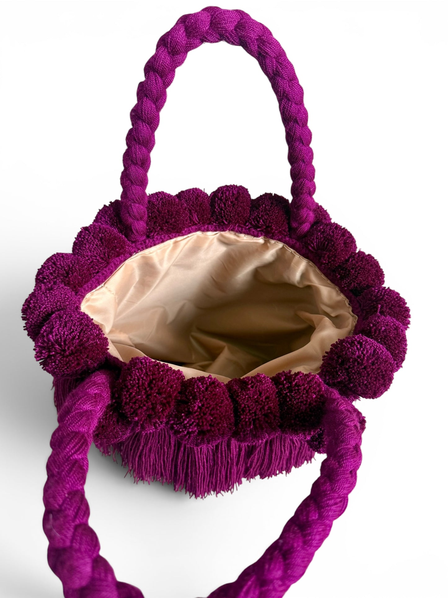 Medium Handmade Wayuu Crochet Handbag with Pom Poms & Tassels | Artisan Luxury Bag with Inner Lining | 9” Height