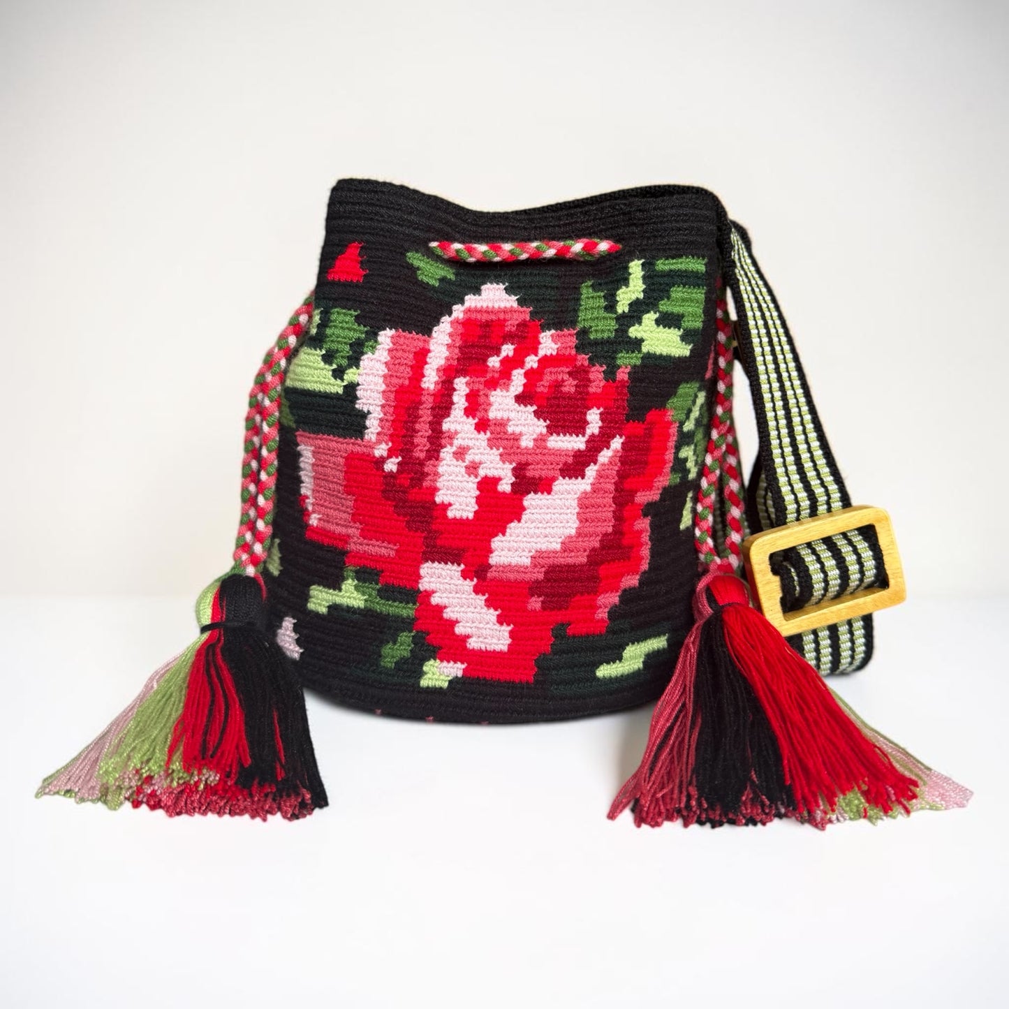 Luxury Handmade Floral Wayuu Bag with Adjustable Wooden Strap | Exclusive Artisan Design 9x9”